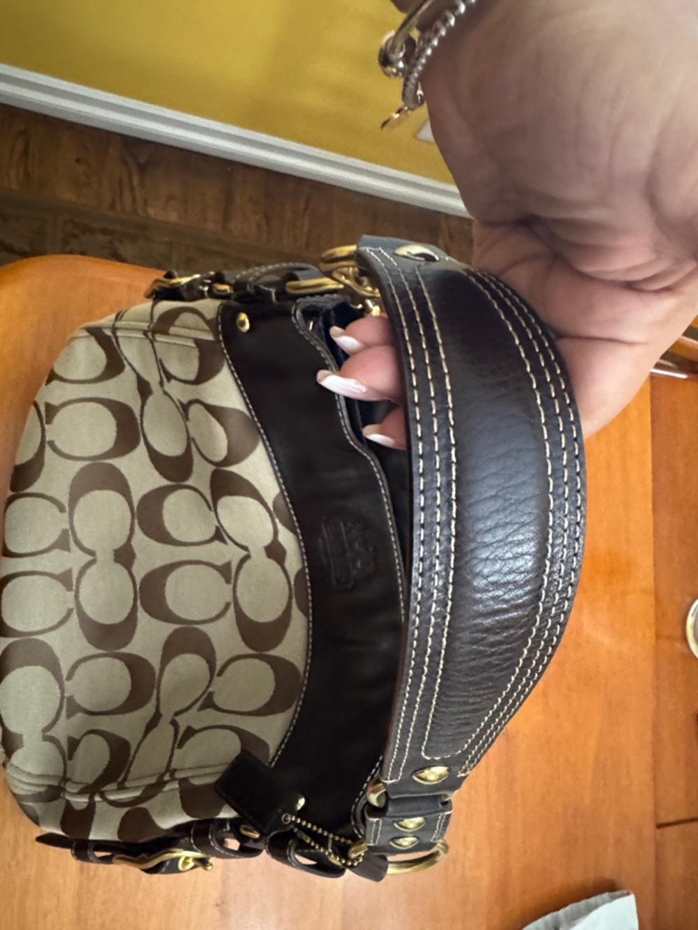 Coach Canvas Shoulder Bag in Beige & Dark Brown 13 in wide & 10 in long. - Picture 5 of 16
